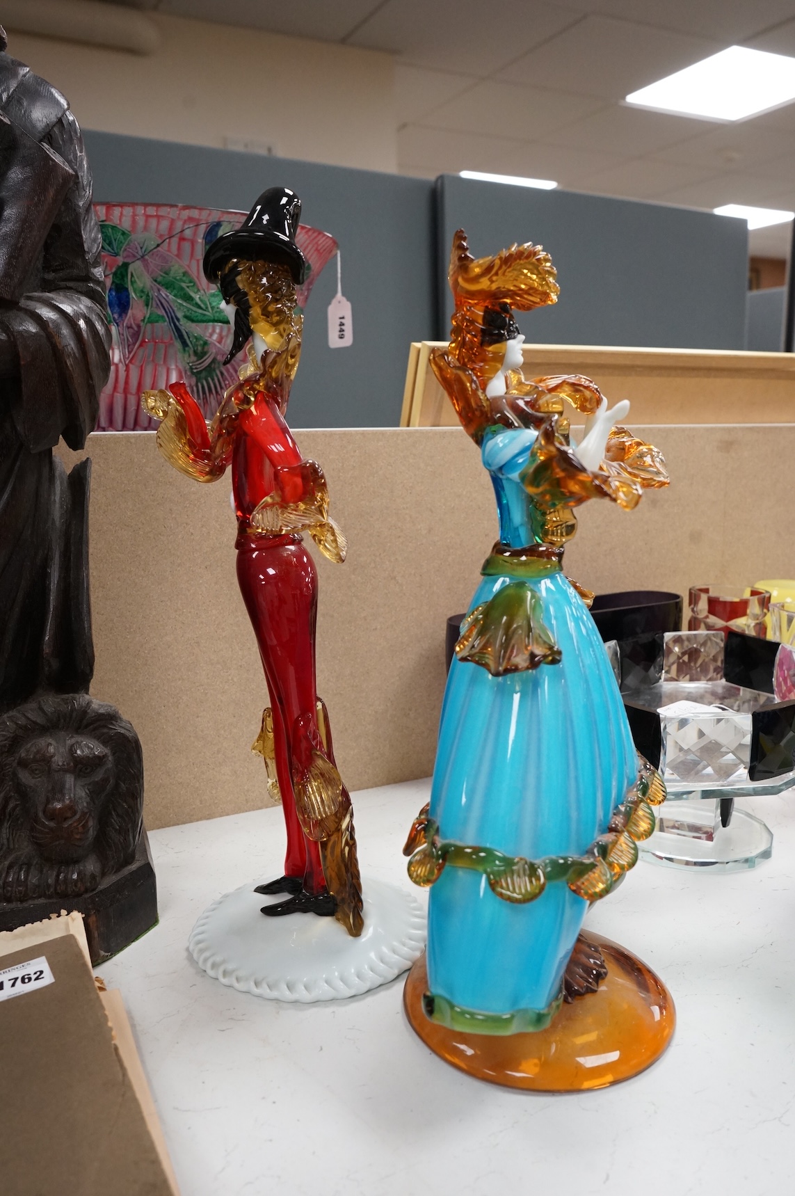 A large Murano coloured glass 'Masquerade' figure H49 and a similar female dancer H43, female signed G Toffolo, 46cm